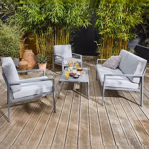Conjunto de jardín Moorea de Goodhome para 4 personas en aluminio gris con cojines incluidos