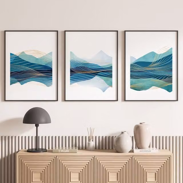 Juego de 3 pósteres trípticos modernos de Lumalea con diseño abstracto de ciudad en colores blanco, negro y azul, An/P: 21 x 29,7 cm