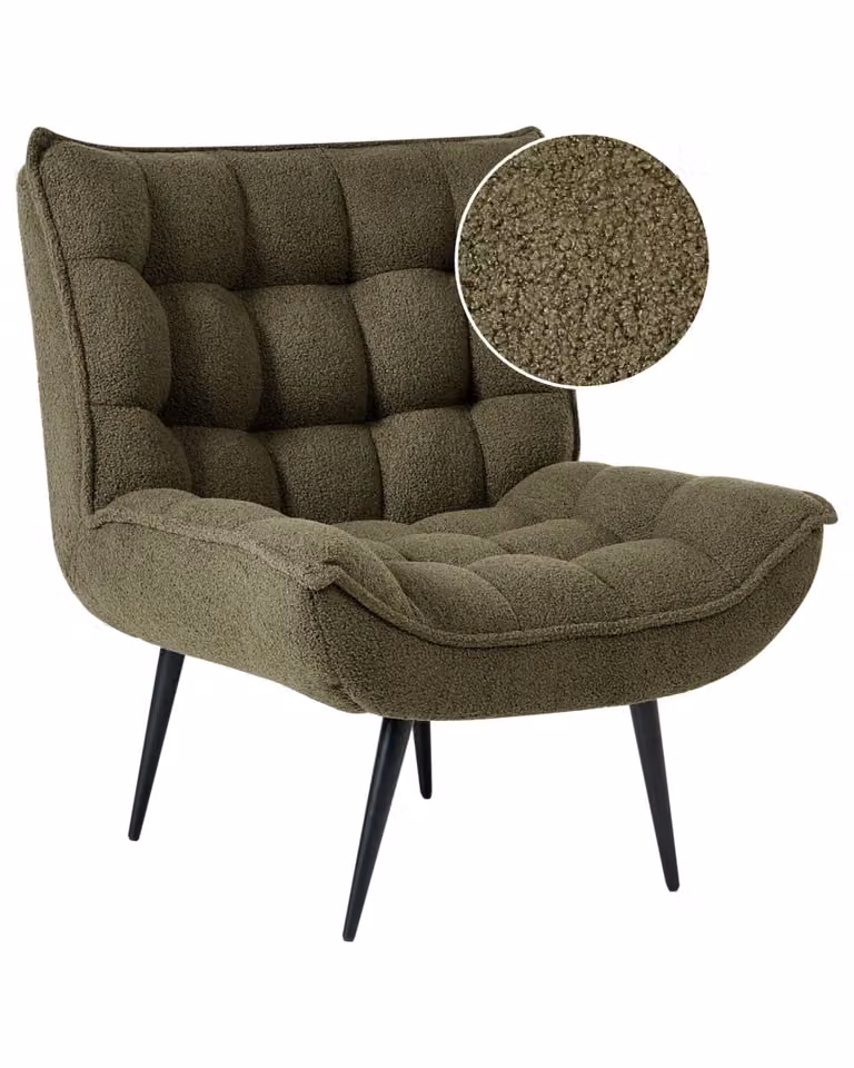 Sillón moderno Beliani tapizado en tejido bouclé verde con estructura de metal y reposabrazos