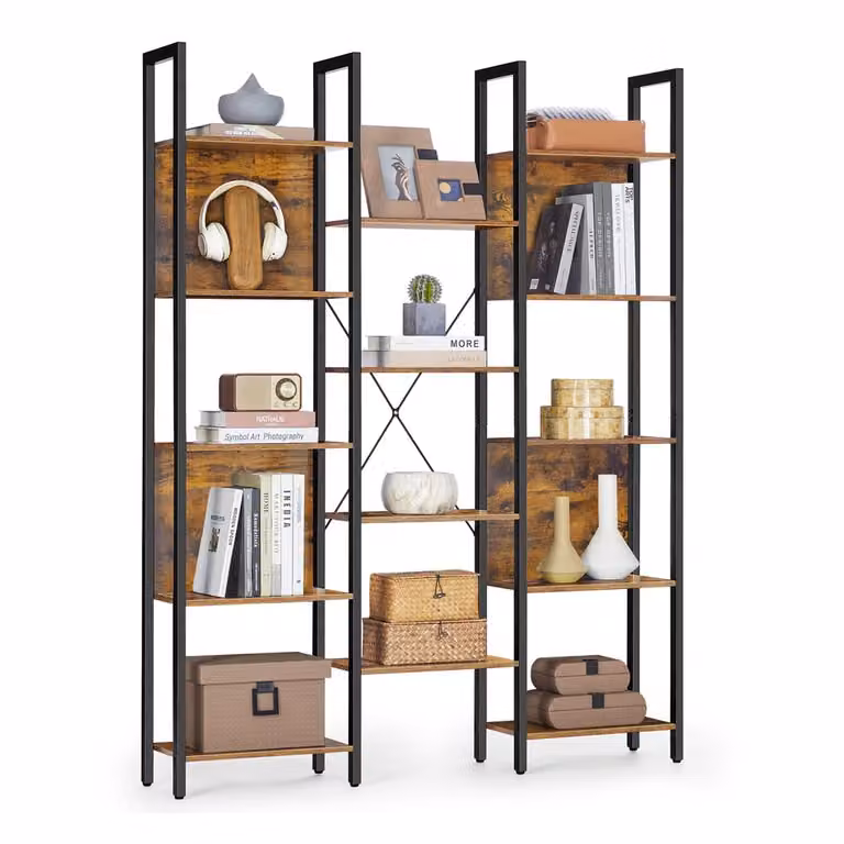 VASAGLE Librería de estilo moderno con 14 estantes y marco de metal en marrón y negro, An/P/Al: 128 x 24 x 166 cm