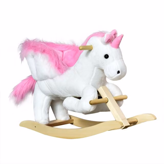 Caballito mecedor de peluche unicornio HOMCOM con sonido y base de madera en color blanco para niños