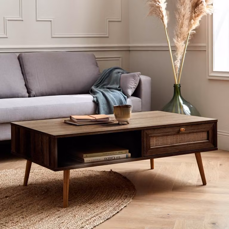 Mesa de centro rectangular Boheme de Sweeek en ratán y madera color marrón, An/P/Al: 110 x 59 x 39 cm