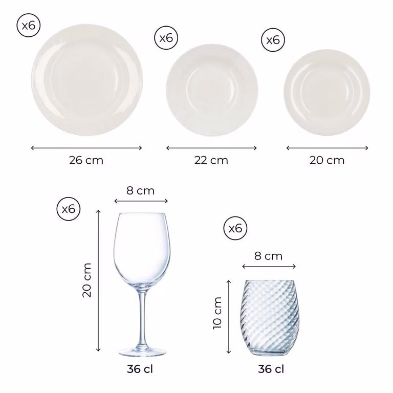 Juego de vajilla Bidasoa de Arcoroc en porcelana blanca con vasos y copas de cristal para 6 personas