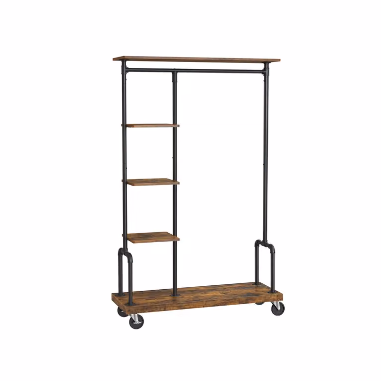 Perchero de ropa VASAGLE con ruedas y 5 niveles, estructura de metal y MDF en color marrón y negro, estilo industrial para dormitorio o salón
