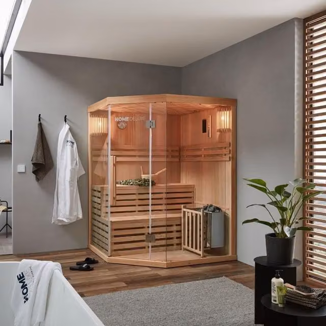 Sauna tradicional finlandesa Home Deluxe SKYLINE XL de madera color marrón para 3 personas An/P/Al: 150 x 150 x 150 cm