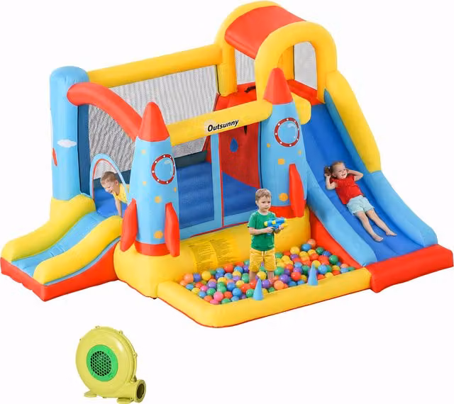 Castillo hinchable Outsunny con 2 toboganes, piscina de bolas y cama elástica para niños, multicolor, An/P/Al: 330 x 265 x 185 cm