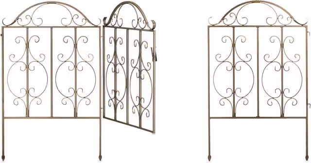 Puerta de jardín de acero Relaxdays con adornos y 2 paneles de valla, color bronce, An/Al: 98,5 x 185 cm