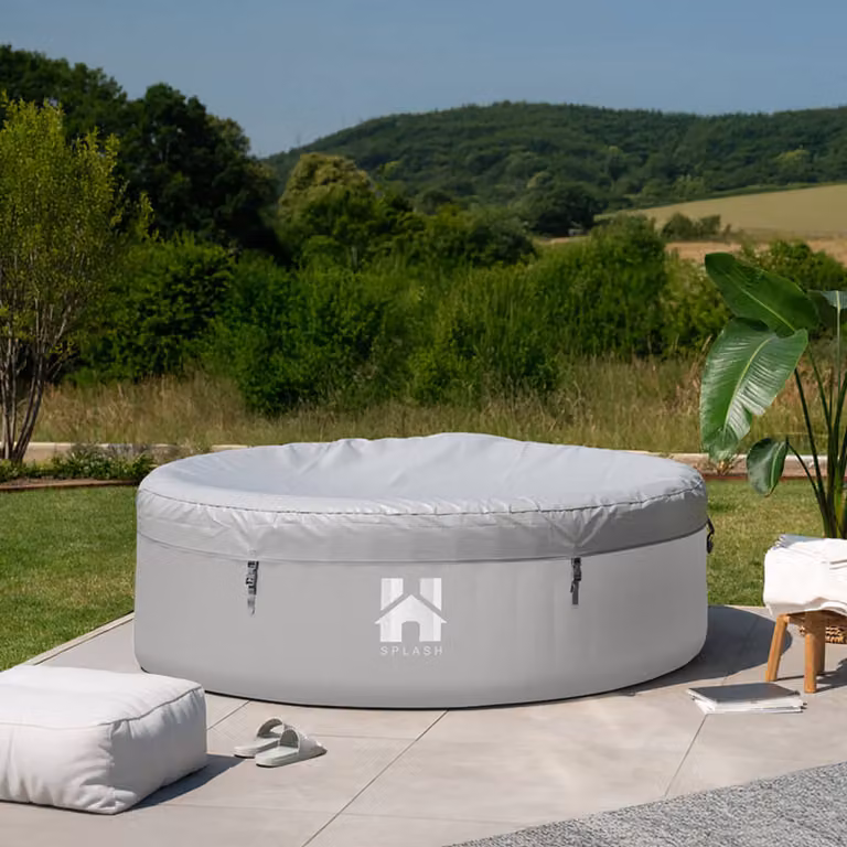 Bañera de hidromasaje exterior inflable Home Deluxe SPLASH para 6 personas con cojines, portavasos y toldo, Gris, Ø208 cm