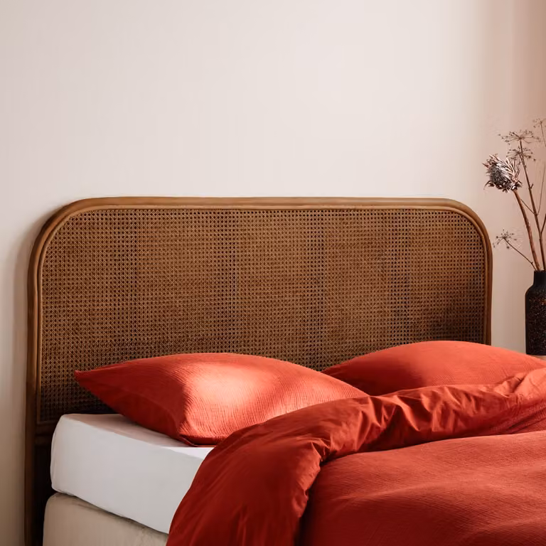 Cabecero de ratán y madera maciza SWEEEK en color marrón con estilo boho para tu dormitorio, An: 160 cm, Al: 110 cm, P: 3 cm