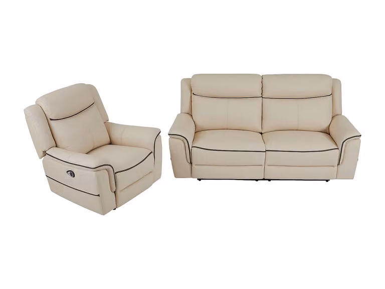 Conjunto de sofá de 3 plazas y sillón relax eléctrico VENTE-UNIQUE en cuero color beige con carga USB