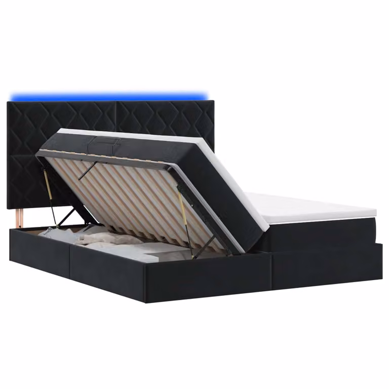 Cama de almacenamiento moderna vidaXL con colchón híbrido, iluminación LED y puerto USB, tapizada en terciopelo negro, An/P: 200 x 200 cm