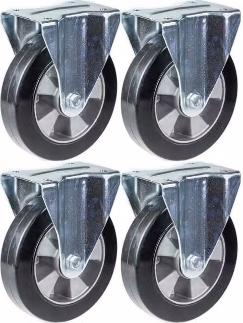 Ruedas fijas Parnells de caucho negro con placa de aluminio y capacidad de 1320 kg