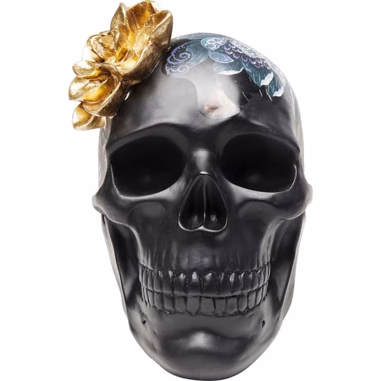 Objeto decorativo Flower Skull de Kare Design en negro y dorado, 22 cm