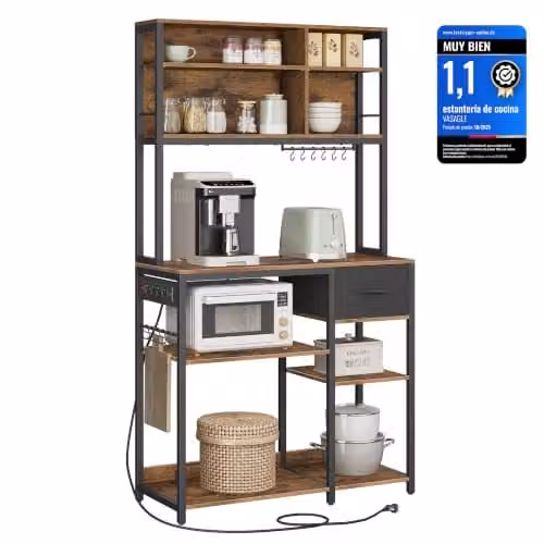 Estantería de cocina VASAGLE con multienchufe, estantes ajustables y ganchos, marrón rústico y negro, An: 100 cm, Al: 180,8 cm, P: 40 cm