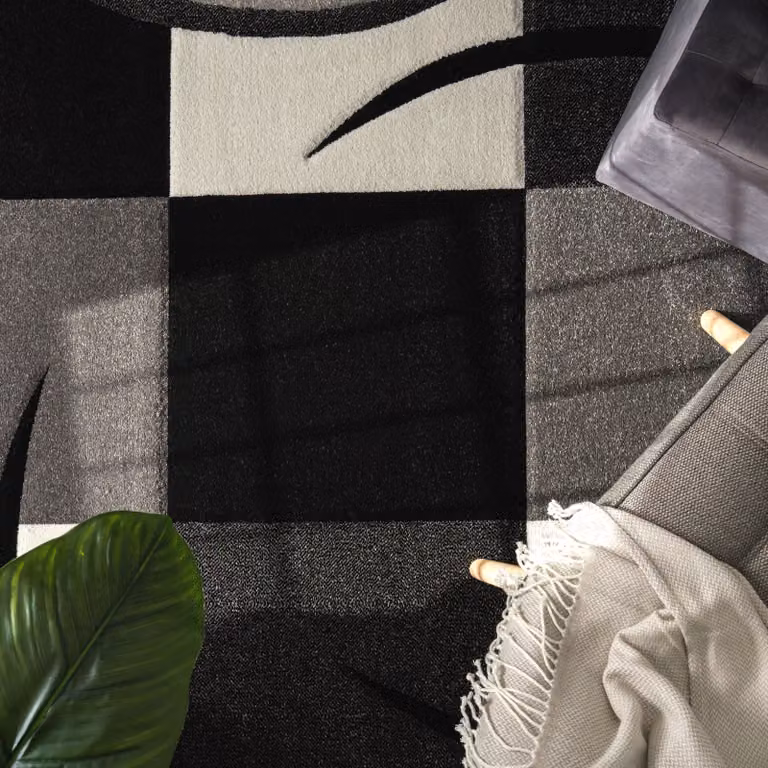 Alfombra moderna Diamora rectangular en colores negro, blanco y gris, An: 240 cm, Al: 330 cm