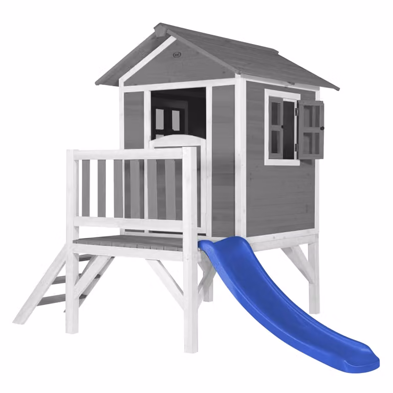 Casita infantil XL AXI de madera FSC con tobogán, colores azul, gris y blanco