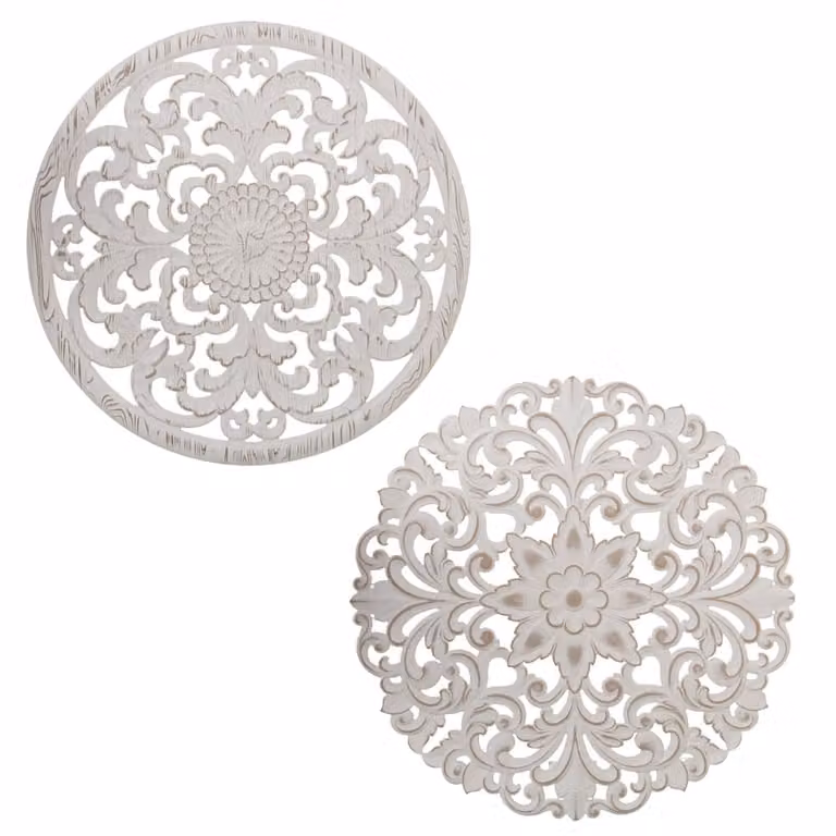 Set de 2 placas decorativas redondas de madera con diseño floral y botánico de La Loja de Ana en color blanco, An/An: 50 x 50 cm