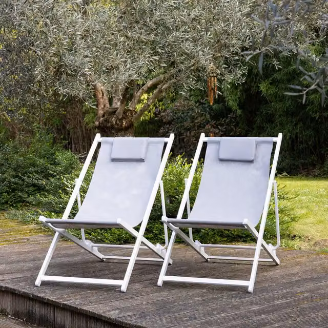 Pack de 2 hamacas reclinables y plegables Cyprus de Happy Garden en textileno gris con estructura de aluminio blanco
