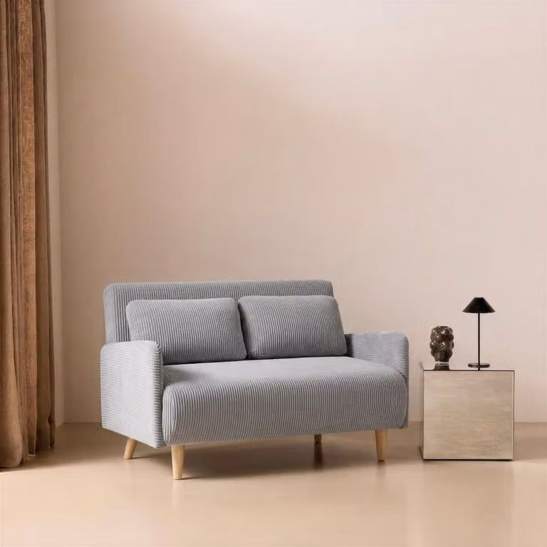 Sofá cama de pana Sweeek de 2 plazas con patas de madera, gris, An/P/Al: 131 x 75 x 81 cm