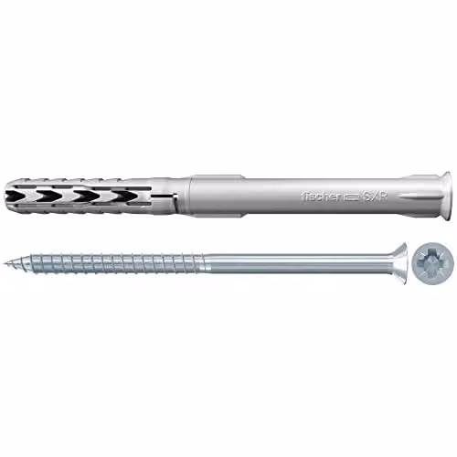 Set de 50 tacos de expansión largos de nylon Fischer SXR con tornillo de seguridad galvanizado, An/P/Al: 10 x 180 mm, color plata