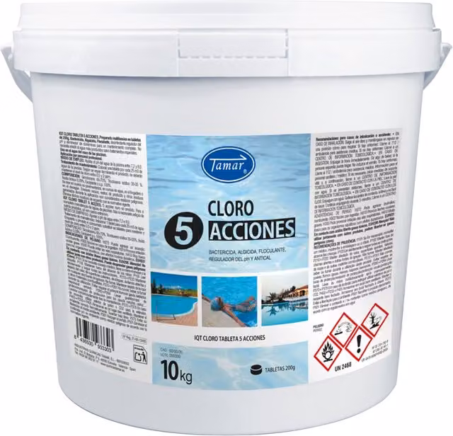 Cloro para piscina Tamar en tabletas de 200 g con 5 acciones de desinfección, envase de 10 kg