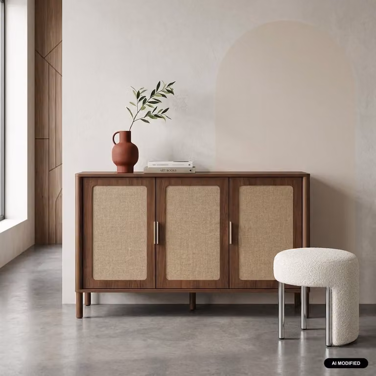 Aparador vintage SWEEEK de madera y rejilla con 3 puertas, color nogal, An/P/Al: 120 x 39.5 x 78 cm
