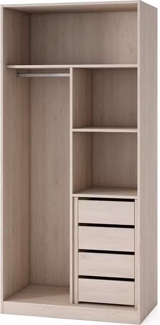 Armario Mio de El Corte Inglés con 2 puertas batientes, estantes internos, barra de colgar y cajones integrados en color blanco y beige