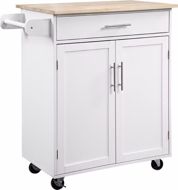 Carrito de cocina con ruedas HOMCOM, isla de servicio con cajón, armario y soporte para paños, color blanco