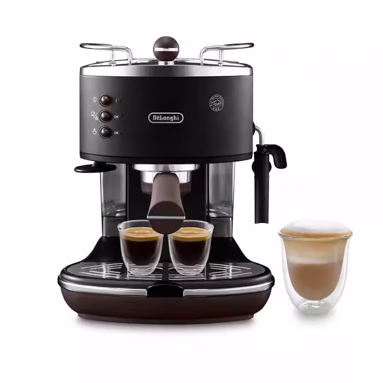 Cafetera espresso de brazo De'Longhi Icona Vintage Negro y Marrón con vaporizador y función de agua caliente, 1,4 l
