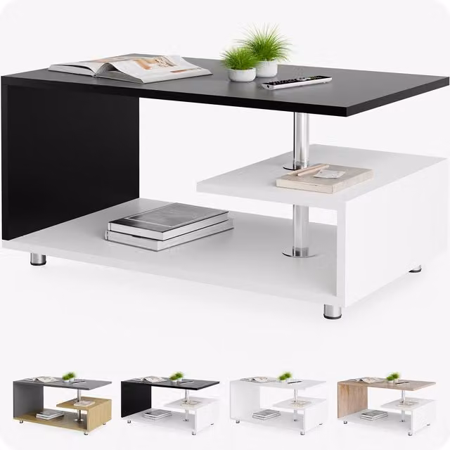 Mesa de centro moderna CASARIA rectangular con mecanismo de elevación en blanco y negro An/P/Al: 95 x 55 x 50 cm
