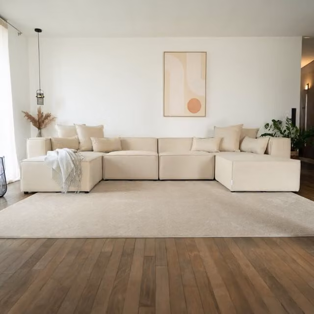 Sofá modular VERONA XXL de Home Deluxe en color beige con forma en U y tapizado de tela, An/P/Al: 414 x 207 cm