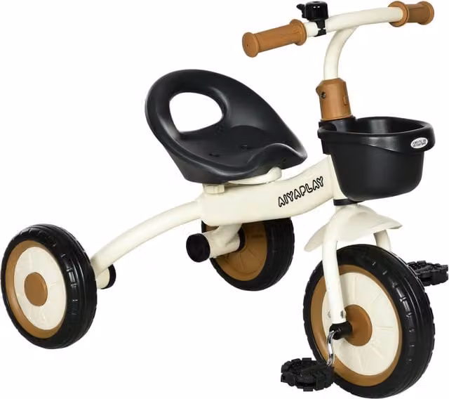 Triciclo para niños AIYAPLAY con asiento ajustable, cesta y timbre, color crema, An/P/Al: 70,5 x 50 x 58 cm