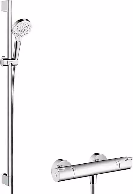 Pack de ducha Hansgrohe con mezclador termostático Ecostat 1001 CL, barra de ducha y rociador Crometta Vario de 2 chorros, acabado cromado, Distancia entre orificios: 91,5 cm