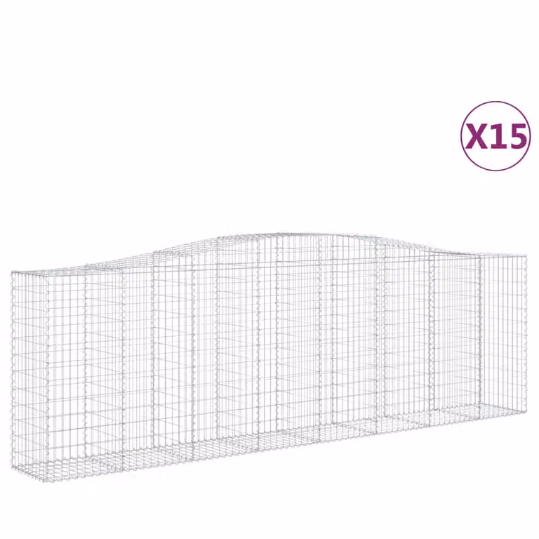 Set de 15 cestas de gaviones vidaXL en acero galvanizado color plata, forma de arco, An/P/Al: 400 x 50 x 120/140 cm