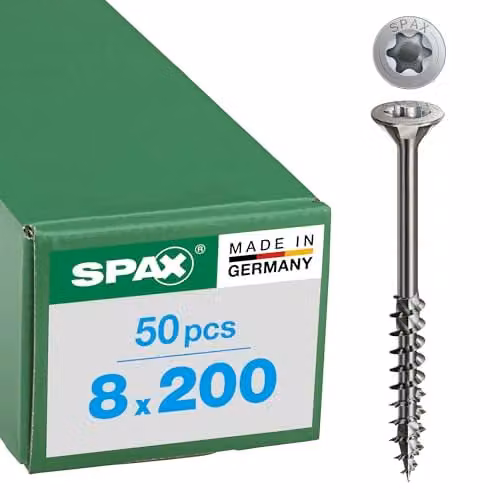Tornillos universales Spax de acero inoxidable A2 con cabeza fresada y sistema Torx, color plata, An/P/Al: 8 x 200 mm, pack de 50 unidades
