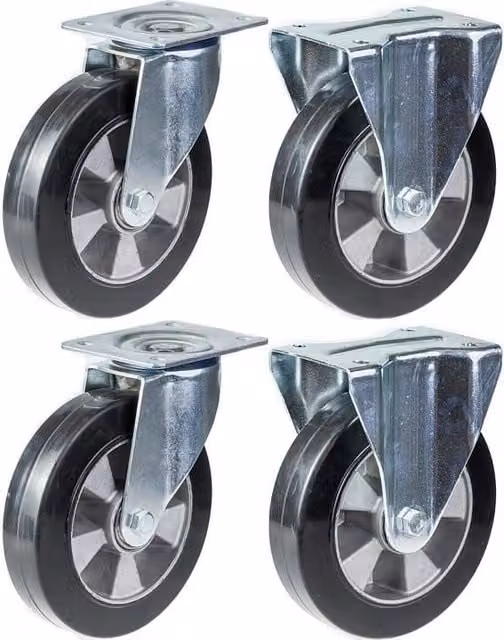 Conjunto de 4 ruedas giratorias Parnells de caucho negro con placa de aluminio y capacidad de carga de 1320 kg