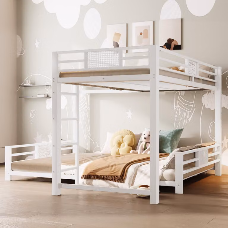 Cama infantil extensible MODFU en forma de L con barandillas de protección y dos colchones, color blanco