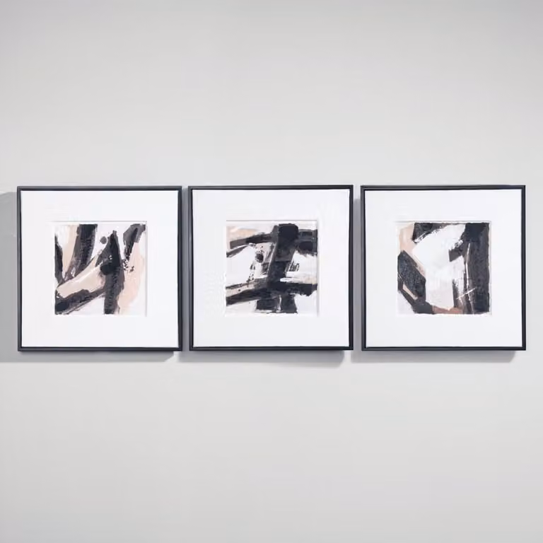 Set de 3 cuadros abstractos modernos de Maisons du Monde en blanco, negro y multicolor, An/An/Al: 40 x 40 x 40 cm
