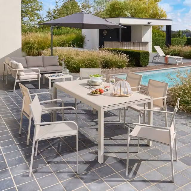 Conjunto de jardín extensible Mallia de Goodhome para 6 personas en aluminio beige y cristal