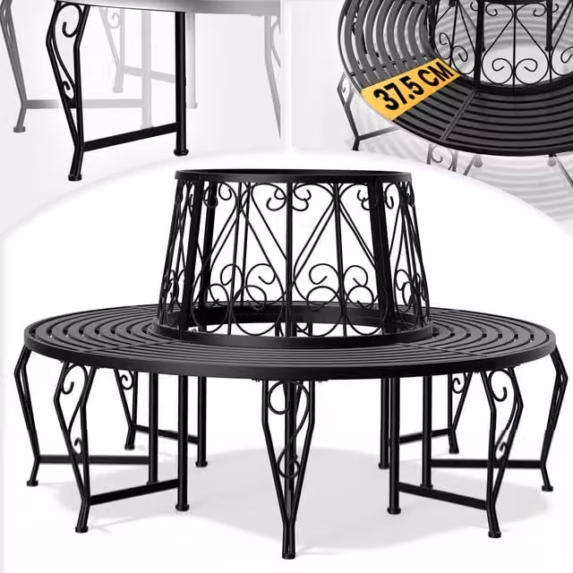 Banco circular de jardín giratorio Casaria en color negro con acabado de acero lacado, Diámetro: 160 cm
