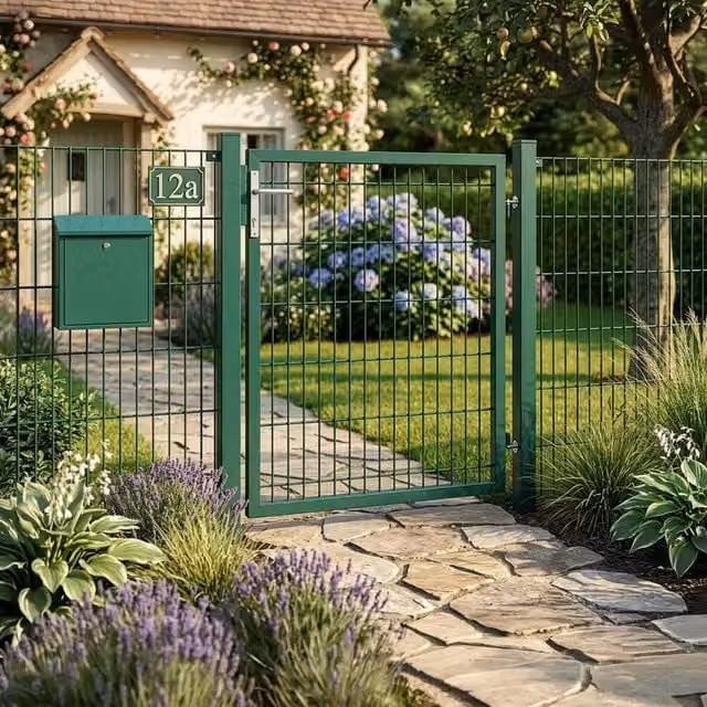 Puerta de jardín para valla de doble piquete Home Deluxe PORTARIUS, color verde, Ancho: 140 cm