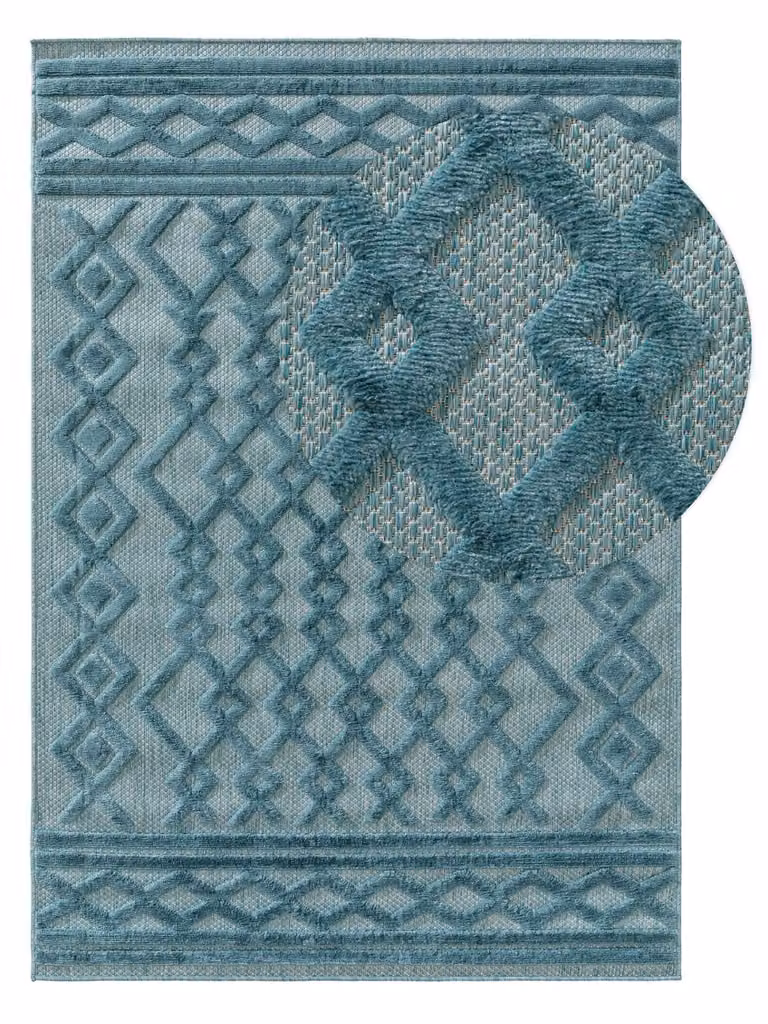 Alfombra Benuta para exterior e interior con diseño geométrico moderno en color turquesa y azul, An/P: 240 x 340 cm