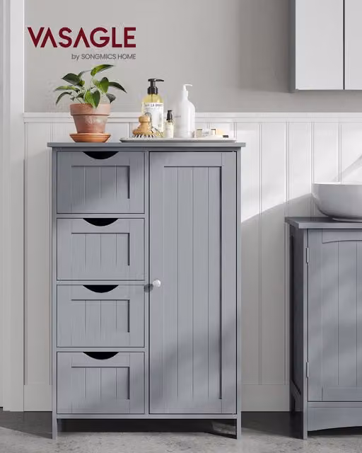 Armario de baño estrecho VASAGLE con 4 cajones y estante ajustable, gris mate, An/P/Al: 55 x 30 x 82 cm