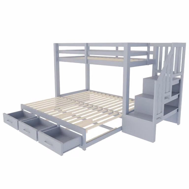 Litera de dos niveles OKWISH para niños en madera y MDF con cama nido, cajones y escalones, colores blanco y gris, An/P/Al: 90 x 200 x 187 cm