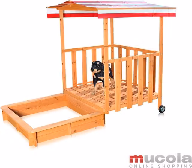 Casa de juegos de madera MUCOLA con arenero y terraza para niños en colores rojo, blanco y marrón, An/P/Al: 182 x 140 x 140 cm