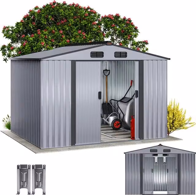 Caseta de jardín Gardebruk en acero galvanizado gris metalizado con puertas correderas y ventilación en el tejado, An/P/Al: 260 x 205 x 180 cm