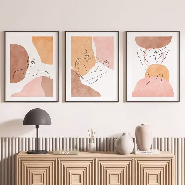 Juego de 3 pósteres trípticos Lumalea con diseño de retrato abstracto multicolor, An/P: 60 x 80 cm
