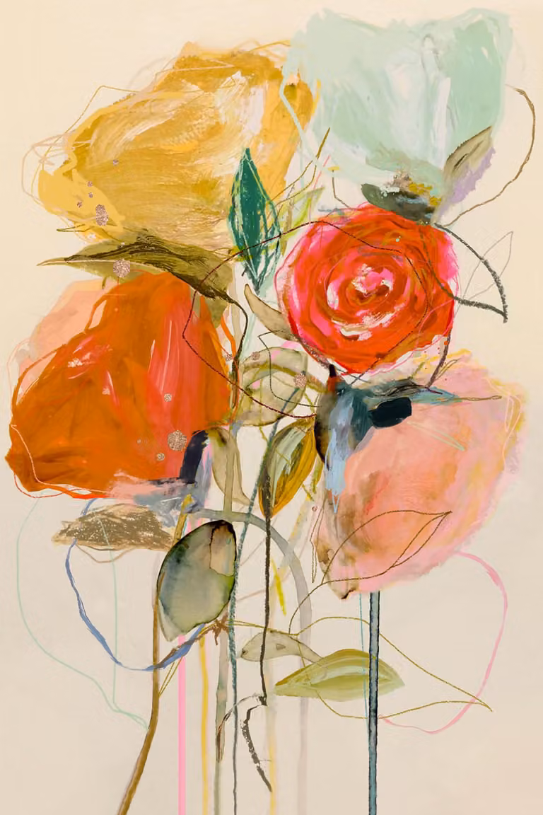 Cuadro floral de ramo de fuego y oro Hexoa, impresión botánica sobre lienzo multicolor, An/P/Al: 90 x 60 x 1 cm