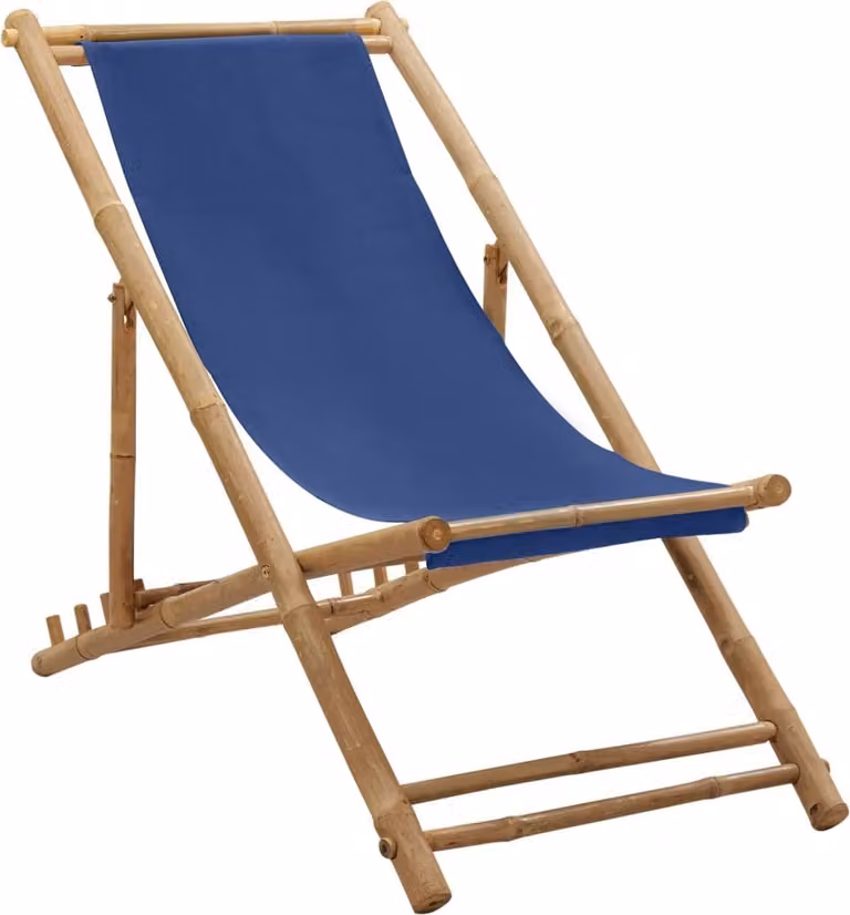 Silla de playa Syfax de bambú con lona azul marino y reposacabezas ajustable