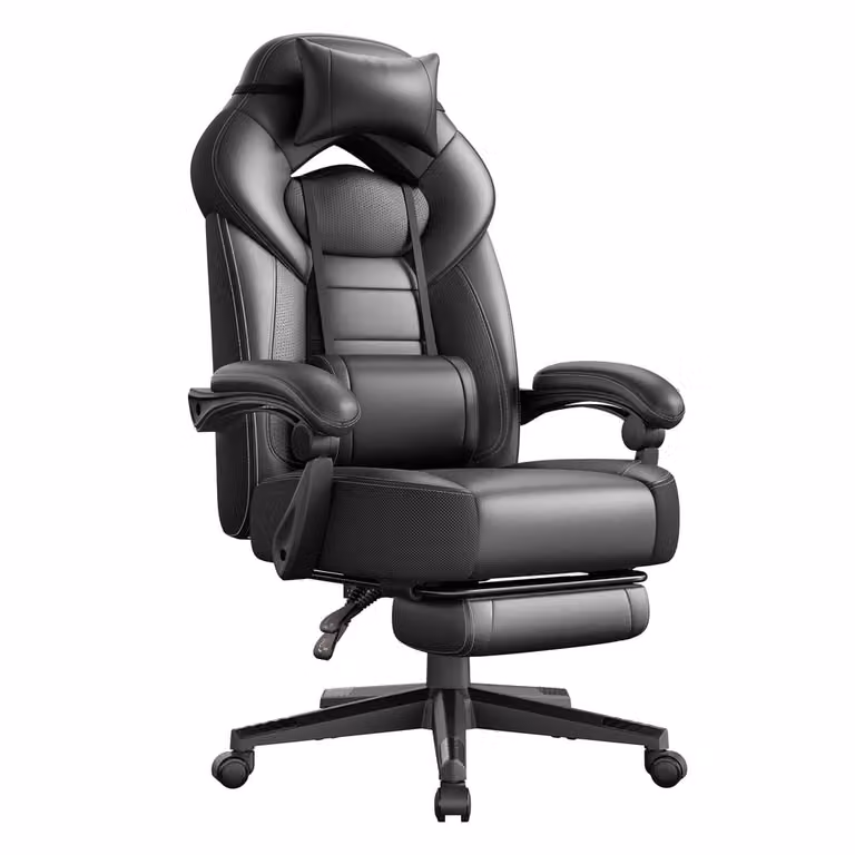 Silla Gaming Ergonómica SONGMICS con Reposapiés, Soporte Lumbar y Reposacabezas Ajustables, Color Negro